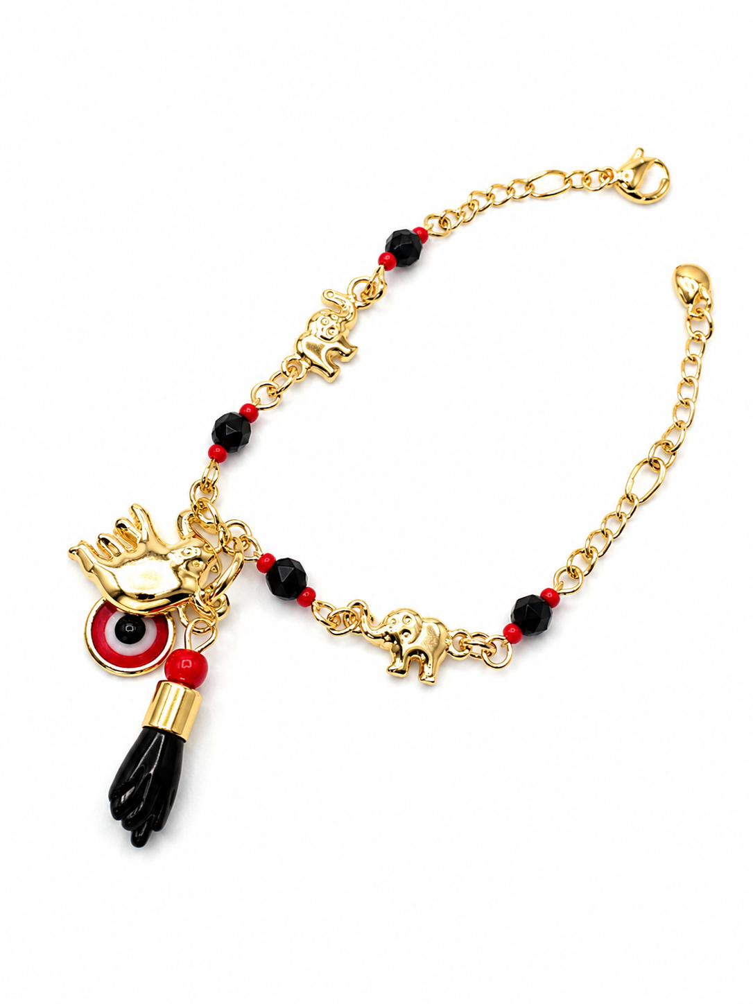 Pulsera de Elefantes y Amuletos – Oro Laminado XP 14K