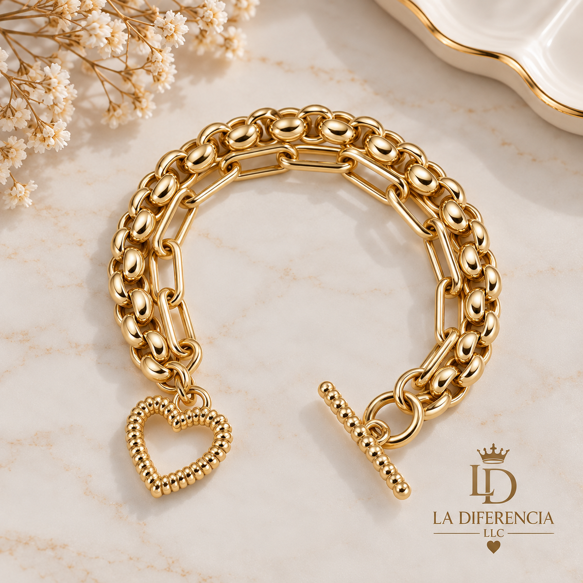 Pulsera Doble Cadena con Corazón – Acero Inoxidable
