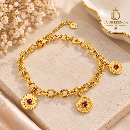 Pulsera Ojo Dorada con Dijes – Acero Inoxidable 🧿