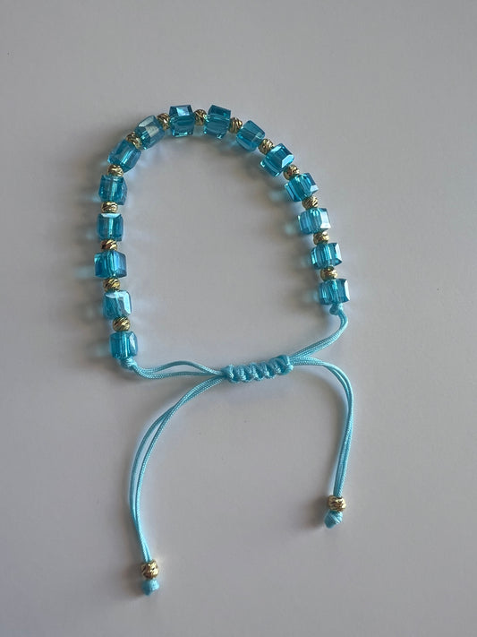 Pulsera Ajustable Azul con Cristales y Bolitas en Oro Laminado 14K