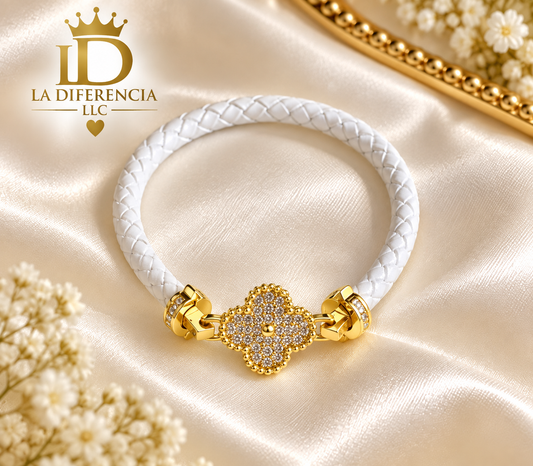 Pulsera Trenzada con Trébol ✨ Oro Laminado – Rosado o Blanco