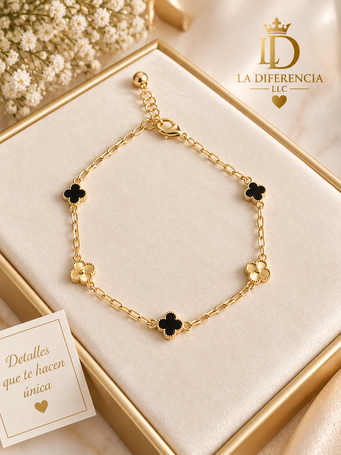 Pulsera de Tréboles Dorados y Negros – Oro Laminado XP 14K