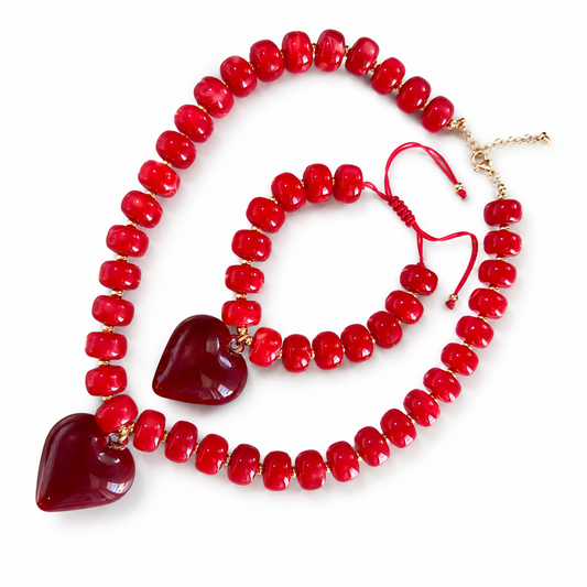 Set Collar y Pulsera Roja con Corazones – Oro Laminado XP 14K