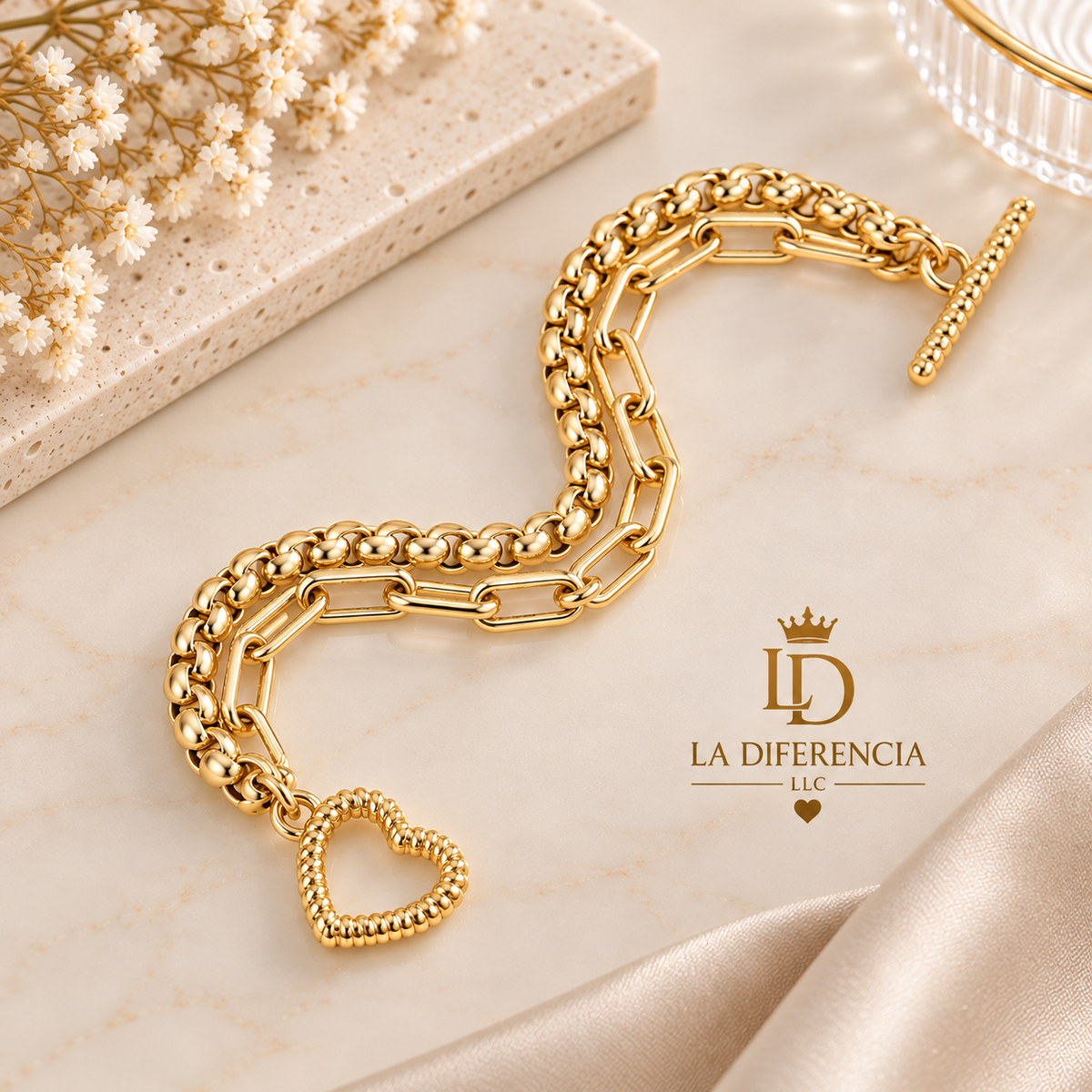 Pulsera Doble Cadena con Corazón – Acero Inoxidable