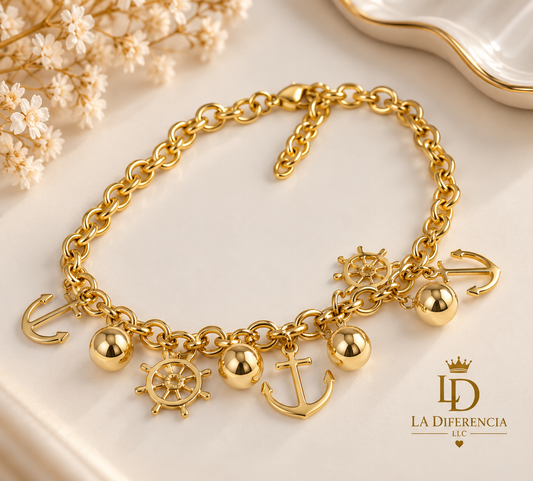 Pulsera Náutica con Dijes de Ancla y Timón – Acero Inoxidable