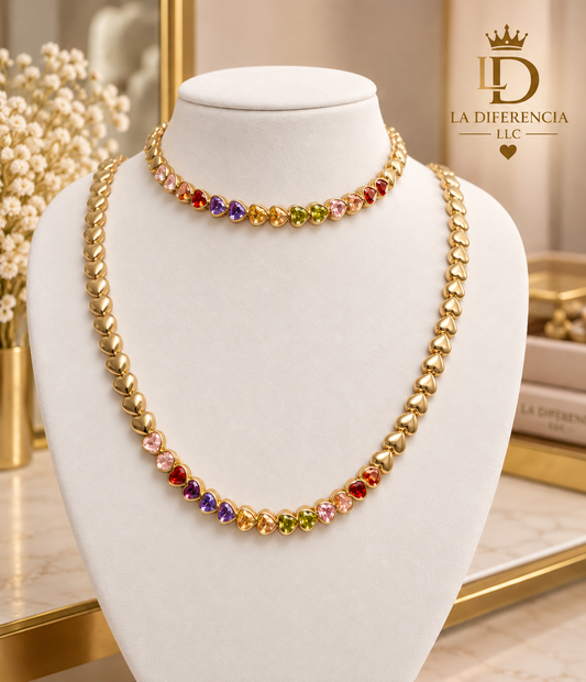 Set de Cadena y Pulsera Corazones Multicolor – Oro Laminado XP 14K