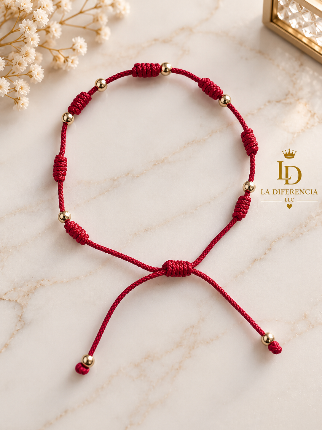 Pulsera de hilo rojo con bolitas – Oro laminado XP 14K