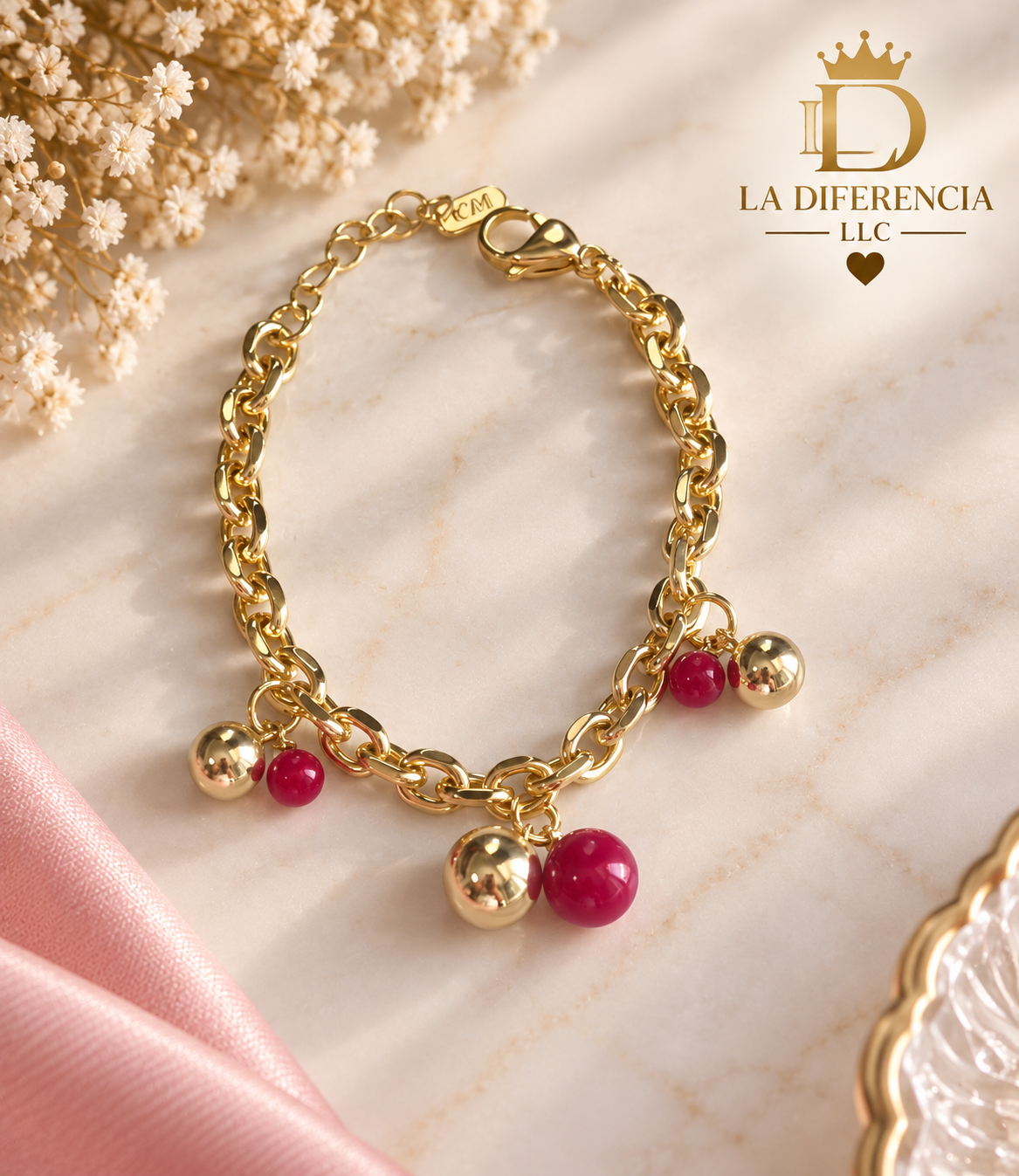 Pulsera con Bolas Doradas y Rojas – Oro Laminado XP 14K