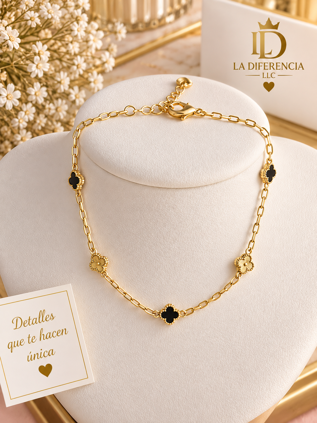 Pulsera de Tréboles Dorados y Negros – Oro Laminado XP 14K