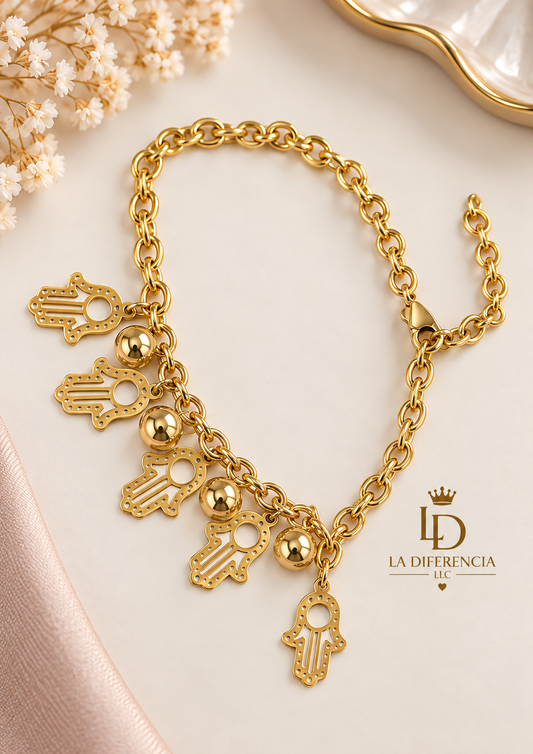 Pulsera Dorada con Dijes Mano de Fátima – Acero Inoxidable