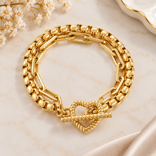 Pulsera Doble Cadena con Corazón – Acero Inoxidable