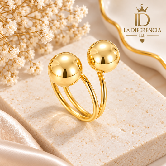 Anillo Doble Bola Dorado – Acero Inoxidable
