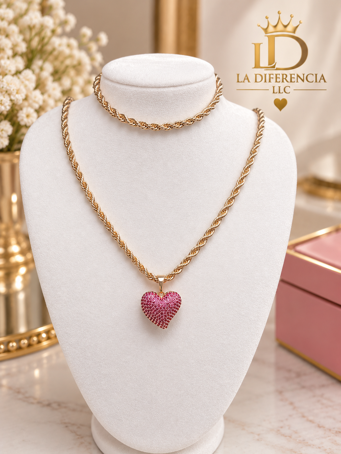 Set Cadena + Pulso Torzal con Corazón morado – Oro Laminado XP 14K ✨