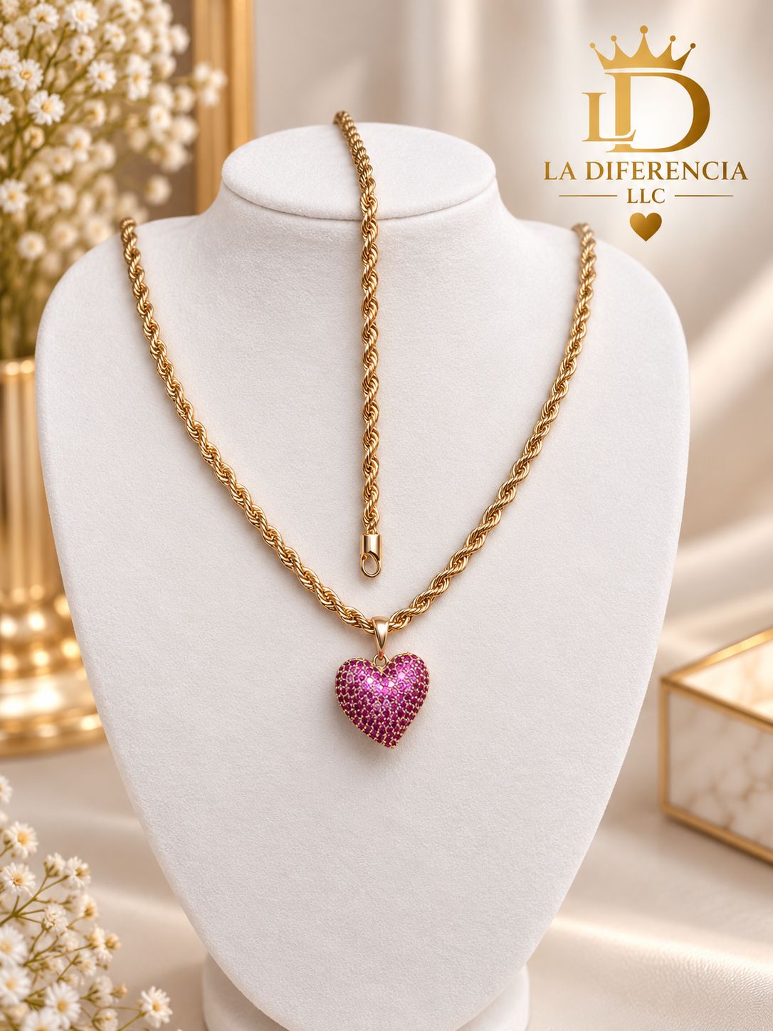 Set Cadena + Pulso Torzal con Corazón morado – Oro Laminado XP 14K ✨
