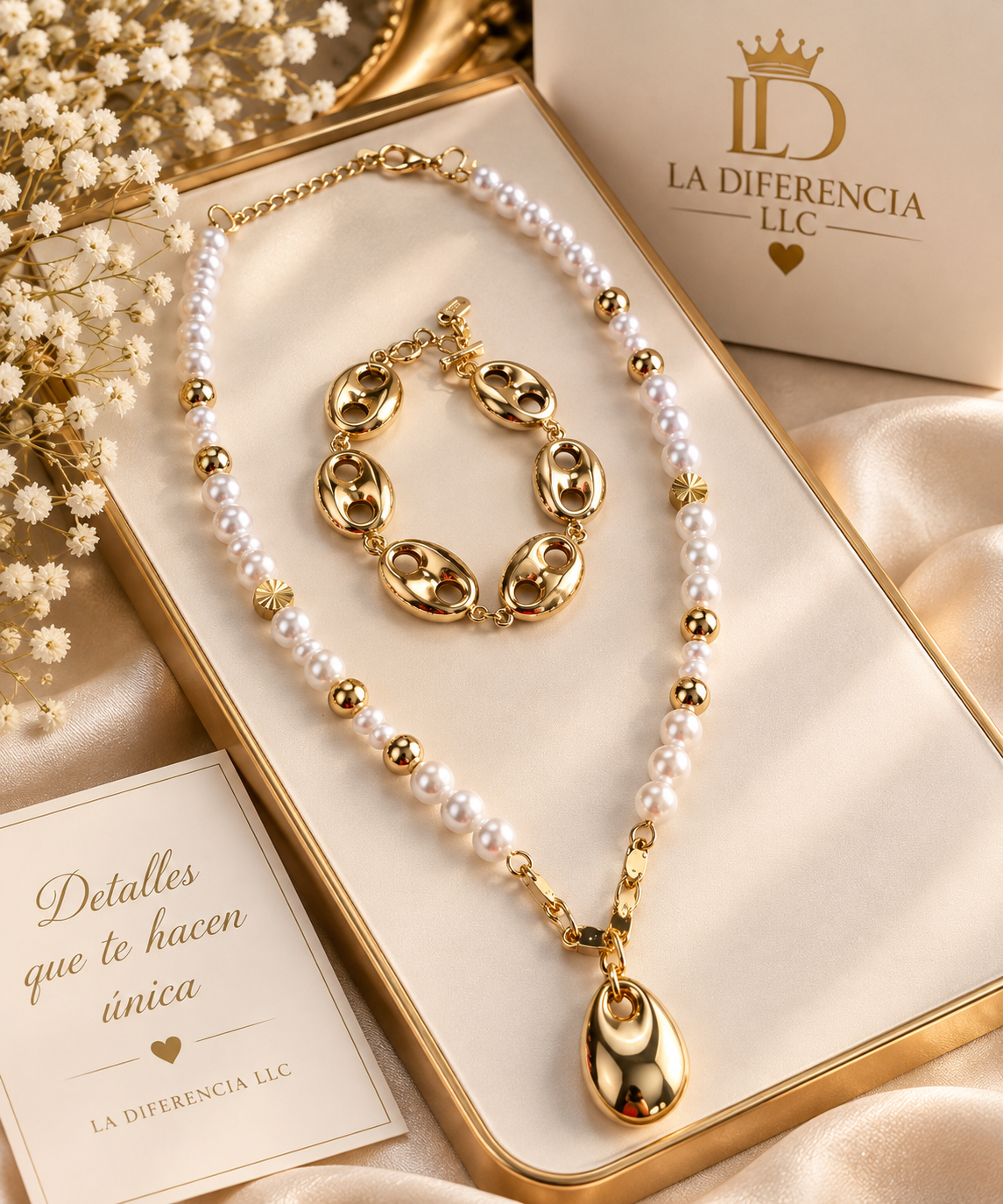 Set Collar de Perlas con Dije + Pulso Dorado – Oro Laminado XP 14K