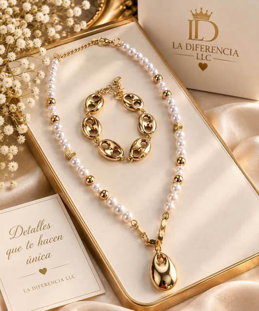 Set Collar de Perlas con Dije + Pulso Dorado – Oro Laminado XP 14K