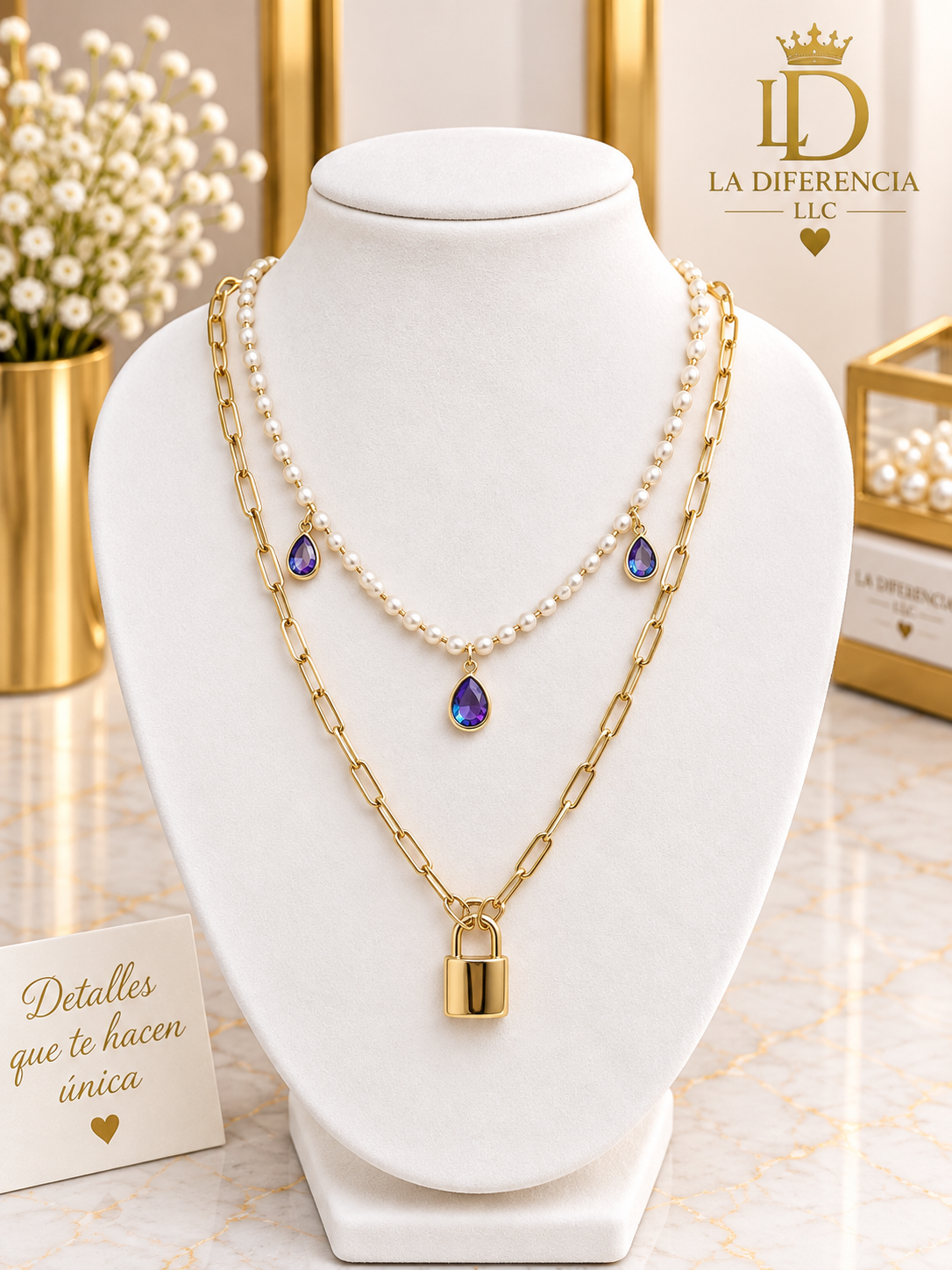 Cadena Doble Perlas, Cristales y Candado – Oro Laminado KP 14K