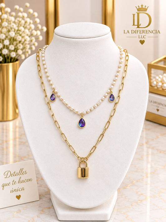 Cadena Doble Perlas, Cristales y Candado – Oro Laminado KP 14K