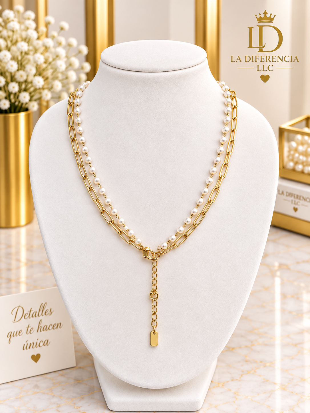 Cadena Doble Perlas, Cristales y Candado – Oro Laminado KP 14K