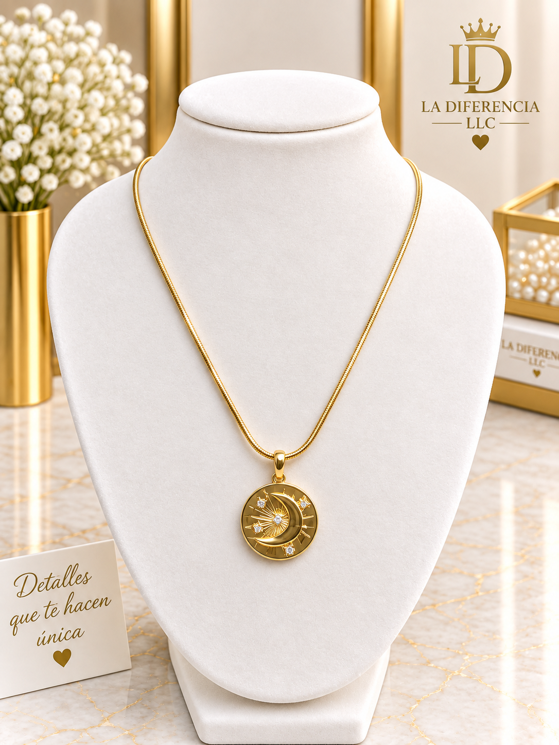 Cadena con Dije Luna y Estrellas – Oro Laminado XP 14K | 18”