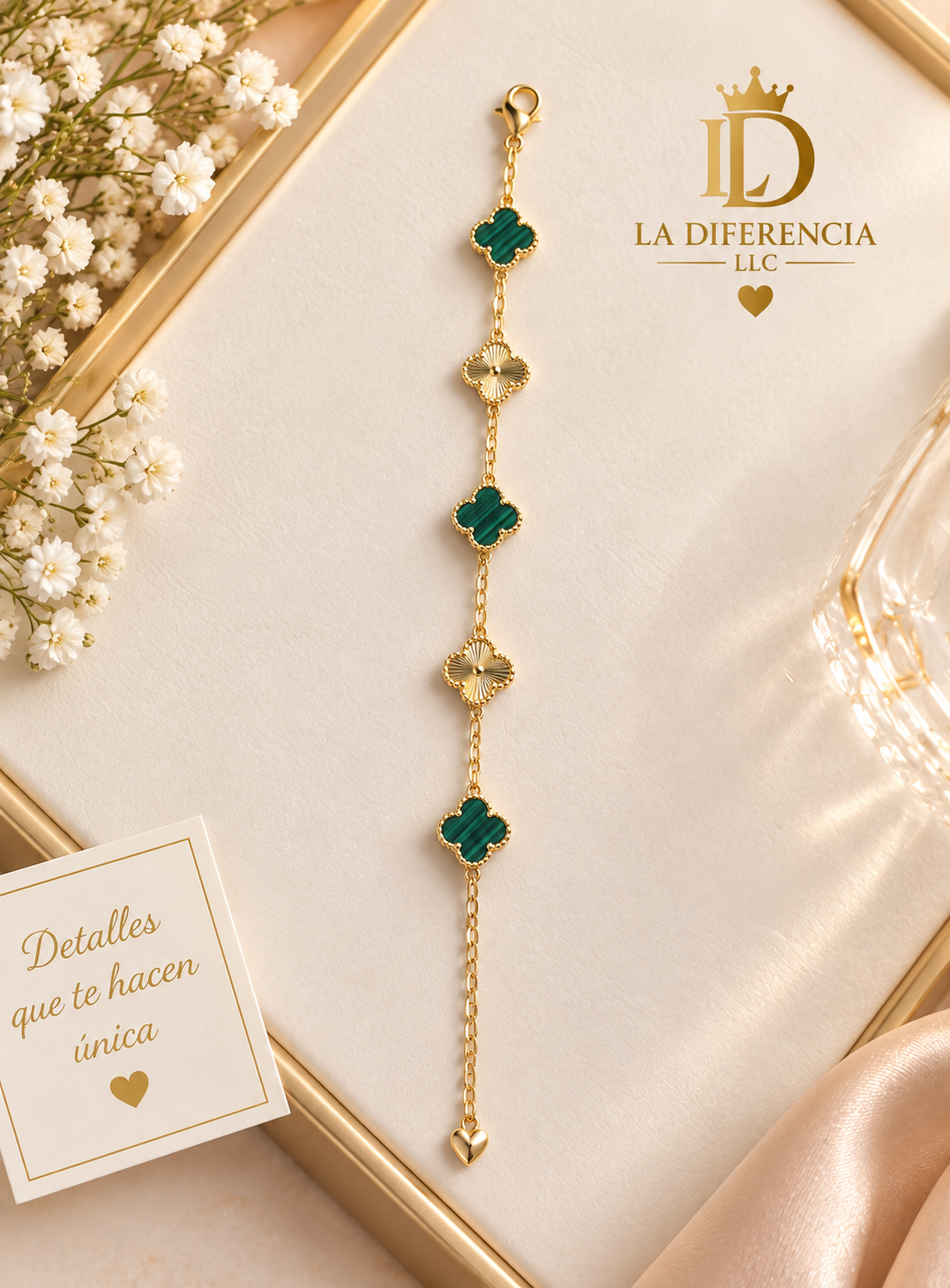 Pulsera Trébol Verde – Oro Laminado XP 14K 🍀