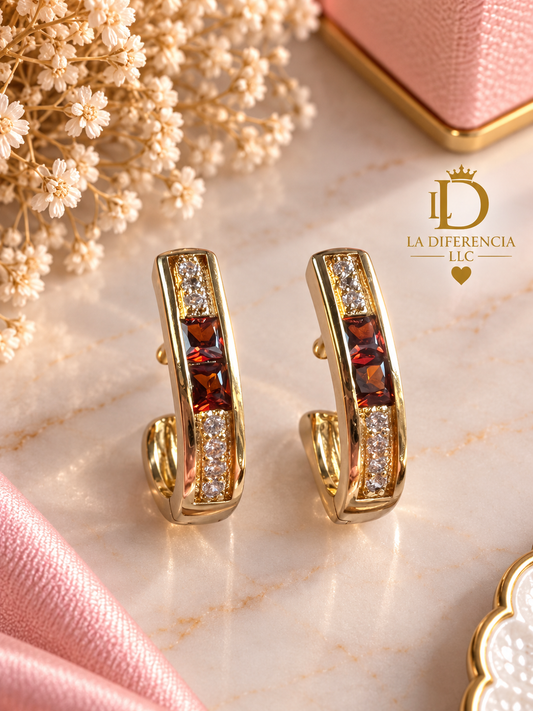 Aretes tipo argolla con piedras marrón transparente – Oro laminado XP 14K